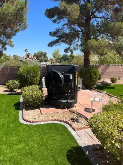 BAF Cool Space 400 swamp cooler rental cooling a Las Vegas backyard patio - 10,000 CFM commercial evaporative cooler