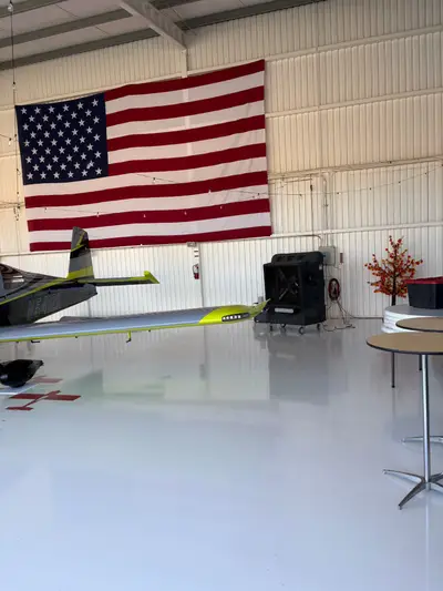 Evaporative cooler rental keeping guests comfortable at a private aircraft hangar event in Las Vegas