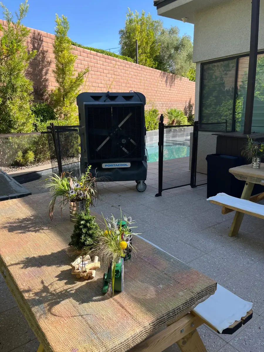 Portacool 8000 swamp cooler rental set up poolside for a Las Vegas backyard party - portable 8,000 CFM evaporative cooler