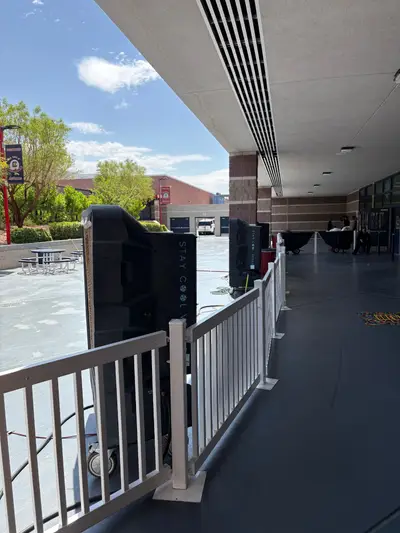 Stay Cool Vegas evaporative coolers staged along an outdoor corridor at Coronado High School in Henderson NV